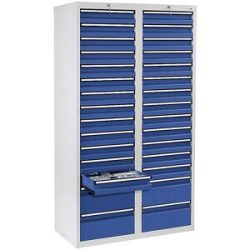 kaiserkraft Schubladenschrank, HxBxT 1800 x 1000 x 500 mm, 26 Schubladen 100 mm, 4 Schubladen 200 mm hoch, Korpus grau, Schubladen enzianblau