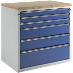 Schrank für Material- und Werkzeugausgabetheke, 3 Schubladen 90 mm, 2 Schubladen 180 mm, 1 Schublade 270 mm, grau / blau ANKE
