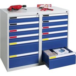 kaiserkraft Schubladenschrank, Breite 1000 mm, 12 Schubladen, lichtgrau / enzianblau