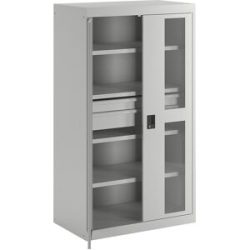 Schwerlastschrank, 3 Fachböden, 2 Schubladen mit Sichtfenstertüren, lichtgrau LISTA