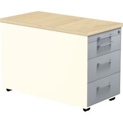 Schubladencontainer auf Rollen, HxT 529 x 800 mm, 3 Schubladen, reinweiß / alusilber / Ahorn mauser