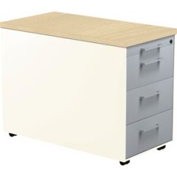 Schubladencontainer auf Rollen, HxT 579 x 800 mm, 3 Schubladen, reinweiß / alusilber / Ahorn mauser