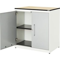 Flügeltürenschrank, HxB 818 x 800 mm, HPL-Vollkernplatte, 1 Fachboden, reinweiß / weißaluminium / Ahorn mauser