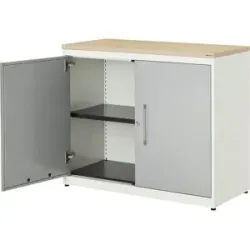 Flügeltürenschrank, HxB 830 x 1000 mm, Kunststoffplatte, 1 Fachboden, reinweiß / weißaluminium / Ahorn mauser