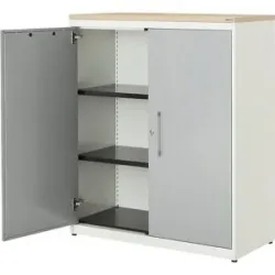 Flügeltürenschrank, HxB 1180 x 1000 mm, Kunststoffplatte, 2 Fachböden, reinweiß / weißaluminium / Ahorn mauser