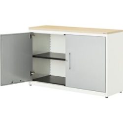 Flügeltürenschrank, HxB 830 x 1200 mm, Kunststoffplatte, 1 Fachboden, reinweiß / weißaluminium / Ahorn mauser