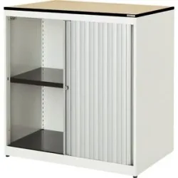 Querrollladenschrank, HxBxT 818 x 800 x 432 mm, Vollkernplatte, 1 Fachboden, reinweiß / alufarben / Ahorn mauser