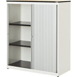 Querrollladenschrank, HxBxT 1168 x 800 x 432 mm, Vollkernplatte, 2 Fachböden, reinweiß / alufarben / Ahorn mauser