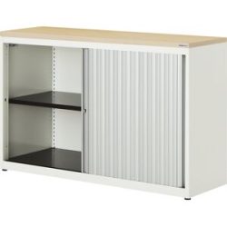 Querrollladenschrank, HxBxT 830 x 1200 x 432 mm, Kunststoffplatte, 1 Fachboden, reinweiß / alufarben / Ahorn mauser