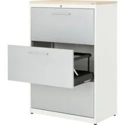 Hängeregistraturschrank, Kunststoffplatte, 3 Auszüge, 2-bahnig, mit Dämpfung, reinweiß / weißaluminium / Ahorn mauser