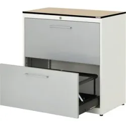 Hängeregistraturschrank, HPL-Vollkernplatte, 2 Auszüge, 2-bahnig, mit Dämpfung, reinweiß / weißaluminium / Ahorn mauser