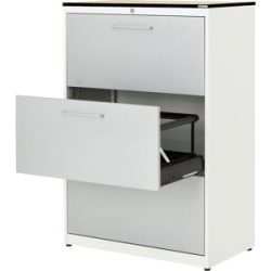 Hängeregistraturschrank, HPL-Vollkernplatte, 3 Auszüge, 2-bahnig, mit Dämpfung, reinweiß / weißaluminium / Ahorn mauser