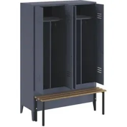 Schwarz-Weiß-Spind Berlin 2 mit Sitzbank, Trennwand mittig, 2 Abteile, blaugrau, B 1200 mm, vorgebaut, Buchenholz Wolf