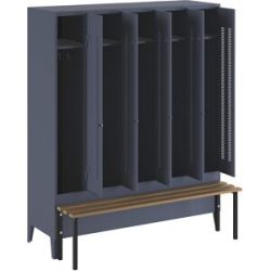 Spind Berlin 1 Sitzbank, 5 Abteile, blaugrau, B 1500 mm, vorgebaut, Buchenholz Wolf