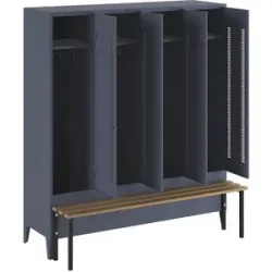 Spind Berlin 1 Sitzbank, 4 Abteile, blaugrau, B 1600 mm, vorgebaut, Buchenholz Wolf