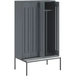 Schwarz-Weiß-Spind Berlin 1 mit Sitzbank, Trennwand mittig, 2 Abteile, blaugrau, B 1200 mm, untergebaut, Kunststoff Wolf