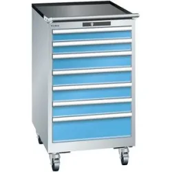 Schubladenschrank, Stahlblech, HxB 990 x 564 mm, 7 Schubladen, fahrbar, lichtgrau / lichtblau LISTA