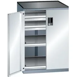 Schubladenschrank mit Flügeltüren, Höhe 1020 mm, 2 Böden, 2 Schubladen, Traglast 75 kg, grau metallic / lichtgrau LISTA