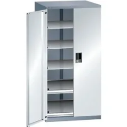 Schubladenschrank mit Flügeltüren, Höhe 1450 mm, 5 Böden, Traglast 200 kg, grau metallic / lichtgrau LISTA