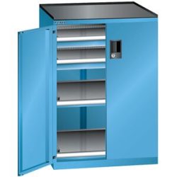 Schubladenschrank mit Flügeltüren, Höhe 1020 mm, 2 Böden, 2 Schubladen, Traglast 200 kg, lichtblau LISTA