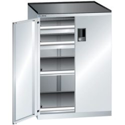 Schubladenschrank mit Flügeltüren, Höhe 1020 mm, 2 Böden, 2 Schubladen, Traglast 75 kg, lichtgrau LISTA