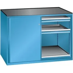 Schiebetürenschrank, Traglast Auszugboden 75 kg, 4 Schubladen, 2 Auszugböden, lichtblau LISTA
