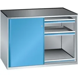 Schiebetürenschrank, Traglast Auszugboden 75 kg, 4 Schubladen, 2 Auszugböden, lichtgrau / lichtblau LISTA