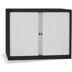 Euro-Rollladenschrank, Breite 1200 mm, 2 Fachböden, tiefschwarz / lichtgrau BISLEY