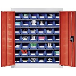 Materialschrank mit Lagerkästen, Höhe 780 mm, 6 Fachböden, lichtgrau / verkehrsrot eurokraft pro