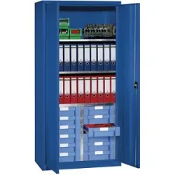 Material- und Schubladenschrank, 3 Fachböden, 12 Schubladen, enzianblau RAL 5010 eurokraft pro
