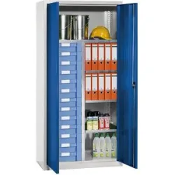 Material- und Schubladenschrank, 4 Fachböden, 13 Schubladen, lichtgrau RAL 7035 / enzianblau RAL 5010 eurokraft pro