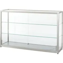 kaiserkraft Vitrine, halbhoch, Höhe 910 mm, 2 Schiebetüren, BxT 1500 x 400 mm, silber eloxiert