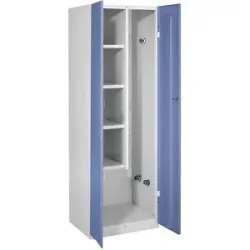 Putzmittelspind Frankfurt, 4 Fachböden, 5 Gerätehalter, B 600 mm, Türen taubenblau Wolf