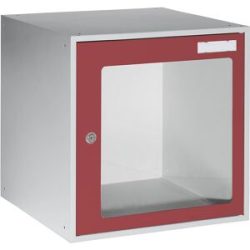 Schließfachwürfel, HxBxT 450 x 450 x 450 mm, Sichtfenstertür, lichtgrau / feuerrot eurokraft basic