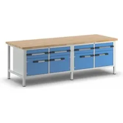 Werkbank, Gestellbauweise Serie 8000, 4 Schubladen 180 mm, 4 Türen 360 mm, BxT 2500 x 900 mm eurokraft pro