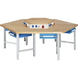 Gruppen-Werkbank, 6 Arbeitsplätze, 6 Schubladen, mit Energieaufsatz, Höhe 790 - 1140 mm eurokraft pro