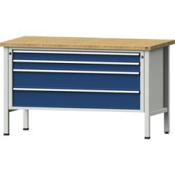 Werkbank 1500 mm breit, Gestellbauweise, 4 Schubladen à 2 x 90, 2 x 180 mm, Buchemassivplatte, Höhe 890 mm ANKE