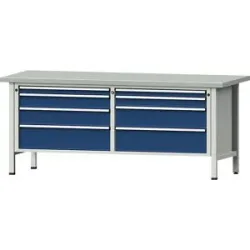 Werkbänke 2000 mm breit, Gestellbauweise, 8 Schubladen, Stahlblechbelagplatte, Höhe 840 mm ANKE