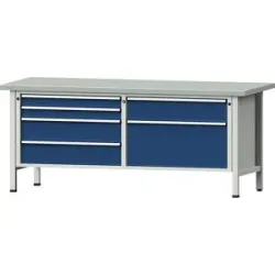 Werkbänke 2000 mm breit, Gestellbauweise, 6 Schubladen, Stahlblechbelagplatte, Höhe 840 mm ANKE