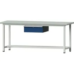 Werkbank, Gestellbauweise Serie V, 1 Schublade, 1 Ablageboden, Breite 2000 mm, Stahlblechbelagplatte ANKE