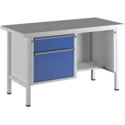 Werkbank, Gestellbauweise Serie V, 2 Schubladen, ½ Ablageboden, Höhe 890 mm, Universalplatte ANKE