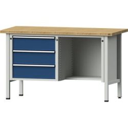 Werkbank, Gestellbauweise Serie V, 3 Schubladen, ½ Ablageboden, Arbeitshöhe 890 mm, Buche massiv ANKE