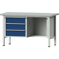Werkbank, Gestellbauweise Serie V, 3 Schubladen, ½ Ablageboden, Arbeitshöhe 890 mm, Stahlblechbelag ANKE
