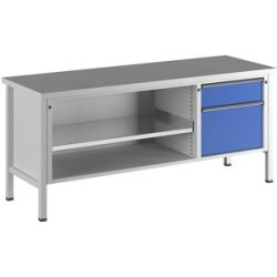 Werkbank, Gestellbauweise Serie V, 1 Schublade 180 mm, 1 Schublade 360 mm, Höhe 890 mm, Universalplatte ANKE