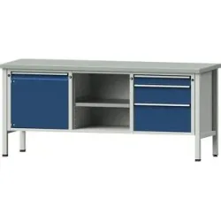 Werkbank, Gestellbauweise Serie V, 1 Tür 540 mm, 3 Schubladen, Höhe 890 mm, Stahlblechbelag ANKE