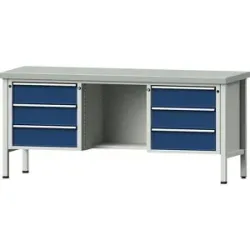 Werkbank, Gestellbauweise Serie V, 6 Schubladen, ½ Ablageboden, Höhe 890 mm, Stahlblechbelag ANKE