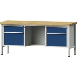 Werkbank, Gestellbauweise Serie V, Schubladen 2 x 180 mm, 2 x 360 mm, ½ Ablageboden, Höhe 890 mm, Buche massiv ANKE
