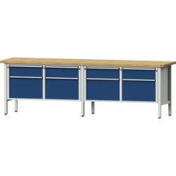 Werkbank Breite 2800 mm, Gestellbauweise, 8 Schubladen, Höhe 890 mm, Buchemassivplatte ANKE