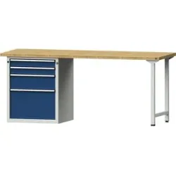 Werkbank, Gestellbauweise Serie V, 4 Schubladen mit 2 x 90, 1 x 180, 1 x 360 mm, Buchemassivplatte, Breite 2000 mm ANKE