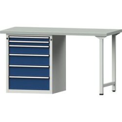 Werkbank, Gestellbauweise Serie V, 6 Schubladen, Stahlblechbelagplatte ANKE